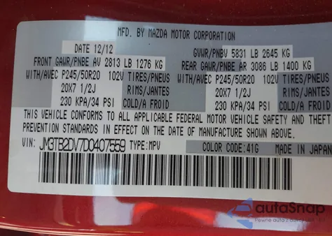 2013 Mazda Cx-9 Grand Touring z USA, uszkodzony, nr VIN JM3TB2DV7D0407559